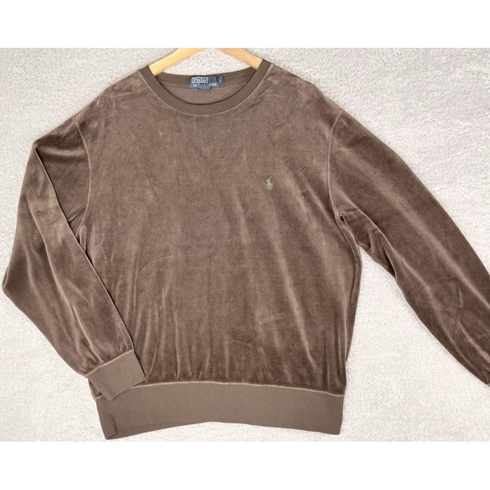 Polo Ralph Lauren Mens L Brown Velour Sweatshirt Crewneck Green Pony Vintage